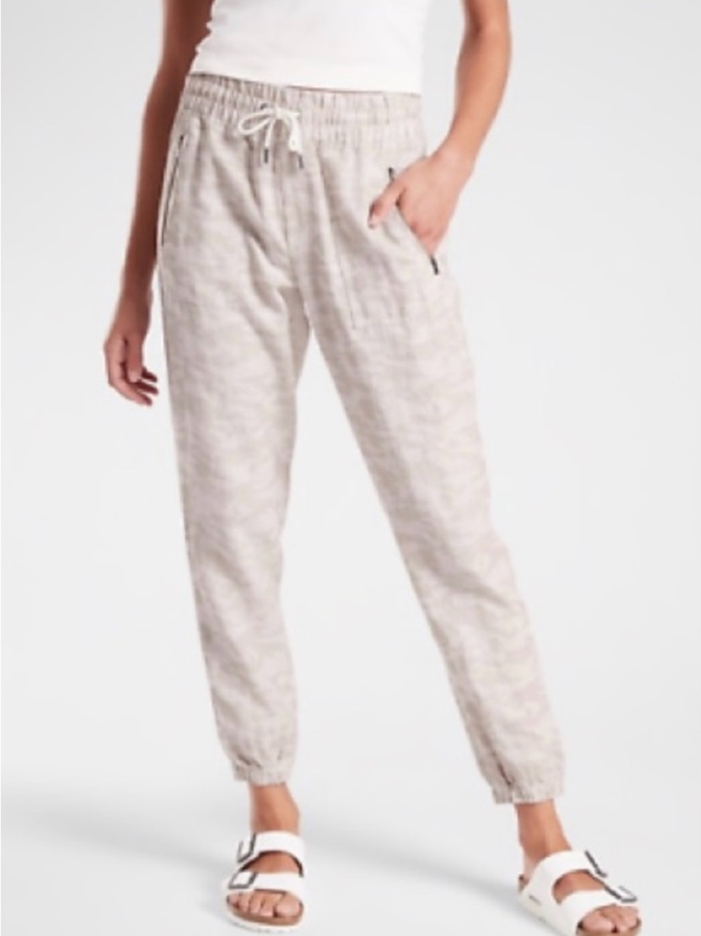 Athleta Cabo 100% Linen Cream Camo Print Joggers with Elastic Waist.Size 14